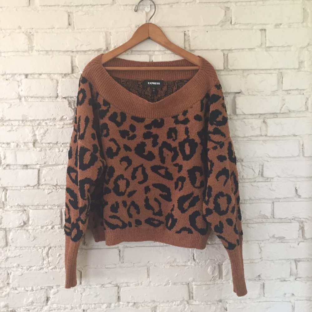 Express Leopard Print Off Shoulder Sweater